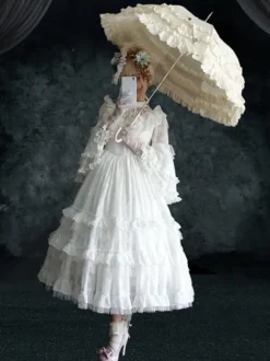 Classical Lolita OP Dress 4-Piece Set White Ruffles Long Sleeve Sweet Lolita One Piece Dresses