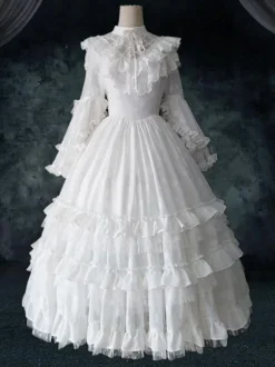 Classical Lolita OP Dress 4-Piece Set White Ruffles Long Sleeve Sweet Lolita One Piece Dresses
