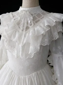 Classical Lolita OP Dress 4-Piece Set White Ruffles Long Sleeve Sweet Lolita One Piece Dresses