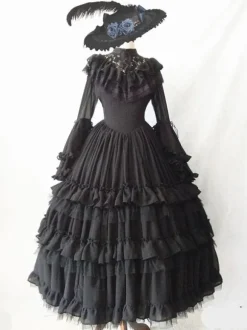 Classical Lolita OP Dress 4-Piece Set White Ruffles Long Sleeve Sweet Lolita One Piece Dresses
