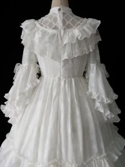 Classical Lolita OP Dress 4-Piece Set White Ruffles Long Sleeve Sweet Lolita One Piece Dresses
