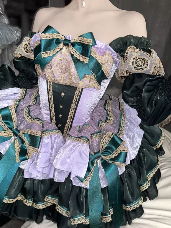 Classical Lolita Strapless Dress Lace Bow Accented Green Victorian Style Lolita Gown