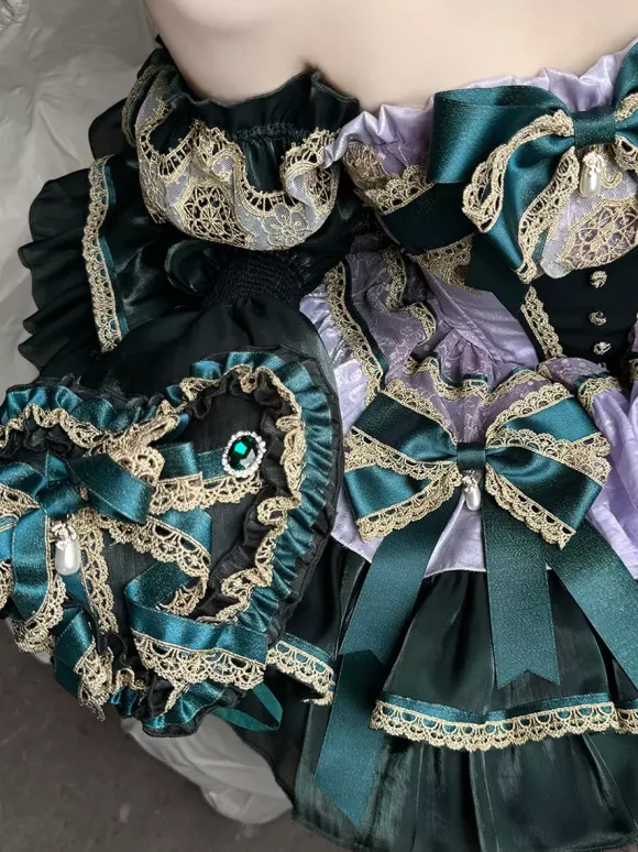 Classical Lolita Strapless Dress Lace Bow Accented Green Victorian Style Lolita Gown
