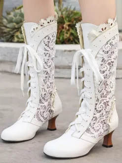Classic Lace Lolita Boots PU Leather Round Toe Black Lolita Shoes