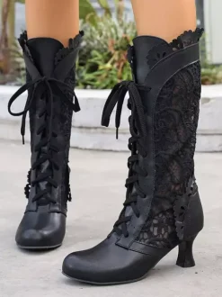 Classic Lace Lolita Boots PU Leather Round Toe Black Lolita Shoes