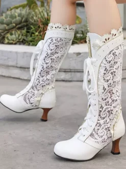Classic Lace Lolita Boots PU Leather Round Toe Black Lolita Shoes