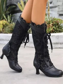 Classic Lace Lolita Boots PU Leather Round Toe Black Lolita Shoes