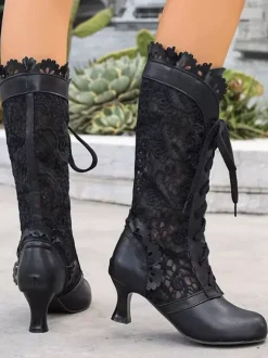Classic Lace Lolita Boots PU Leather Round Toe Black Lolita Shoes