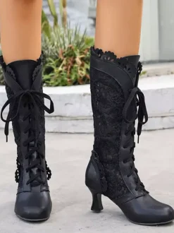 Classic Lace Lolita Boots PU Leather Round Toe Black Lolita Shoes