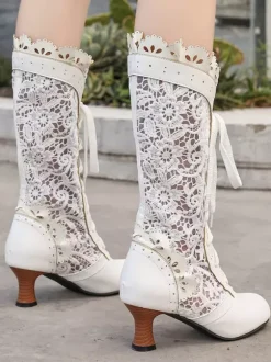 Classic Lace Lolita Boots PU Leather Round Toe Black Lolita Shoes