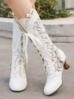 Classic Lace Lolita Boots PU Leather Round Toe Black Lolita Shoes