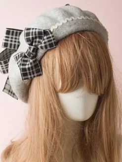 Classic Lolita Beret Plaid Bow Wool Burgundy Lolita Bowler Hat
