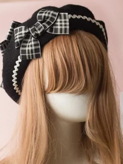 Classic Lolita Beret Plaid Bow Wool Burgundy Lolita Bowler Hat