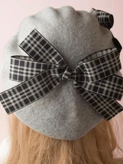 Classic Lolita Beret Plaid Bow Wool Burgundy Lolita Bowler Hat