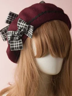 Classic Lolita Beret Plaid Bow Wool Burgundy Lolita Bowler Hat