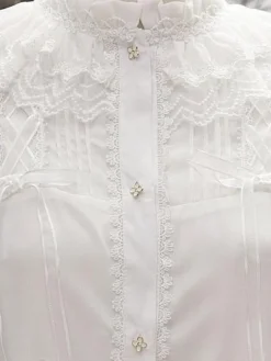 Classic Lolita Blouse Lace Ruffles Long Sleeve Stand Collar White Lolita Top