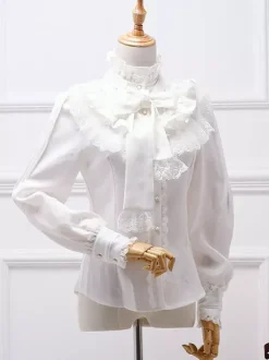 Classic Lolita Blouse White Bow Ruffle Lace Chiffon Lolita Shirt