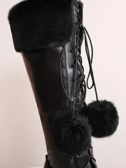 Classic Lolita Boots Knee High Chunky Heel Platform Square Toe Lace Up Pink Lolita Winter Boots