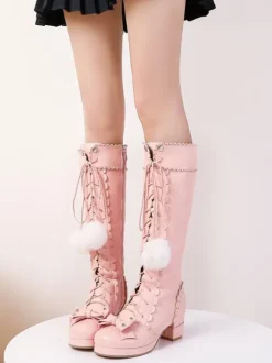 Classic Lolita Boots Knee High Chunky Heel Platform Square Toe Lace Up Pink Lolita Winter Boots