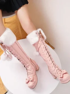 Classic Lolita Boots Knee High Chunky Heel Platform Square Toe Lace Up Pink Lolita Winter Boots