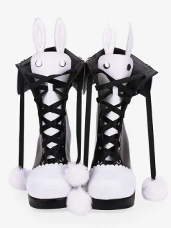 Classic Lolita Boots Pom Pom Bunny Ear Two Tone Chunky Heel Lolita Shoes