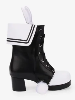 Classic Lolita Boots Pom Pom Bunny Ear Two Tone Chunky Heel Lolita Shoes