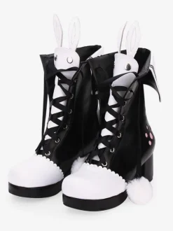 Classic Lolita Boots Pom Pom Bunny Ear Two Tone Chunky Heel Lolita Shoes