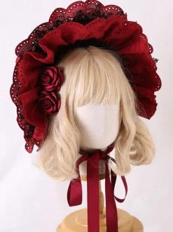Classic Lolita Hat Burgundy Flowers Accessory Lace Polyester Lolita Accessories