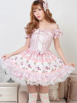 Classic Lolita OP Dress Printed Pink Lace Bows Lolita One Piece Dresses