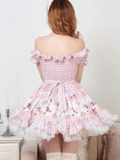 Classic Lolita OP Dress Printed Pink Lace Bows Lolita One Piece Dresses