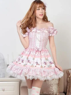 Classic Lolita OP Dress Printed Pink Lace Bows Lolita One Piece Dresses