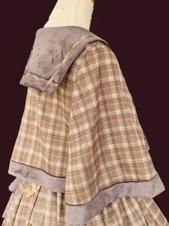 Classic Lolita Poncho Infanta Light Sky Blue Cotton Bows Plaid Fall Lolita Outwears