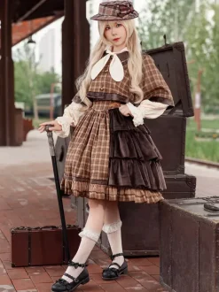 Classic Lolita Poncho Infanta Light Sky Blue Cotton Bows Plaid Fall Lolita Outwears