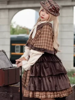 Classic Lolita Poncho Infanta Light Sky Blue Cotton Bows Plaid Fall Lolita Outwears