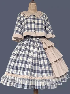 Classic Lolita Poncho Infanta Light Sky Blue Cotton Bows Plaid Fall Lolita Outwears