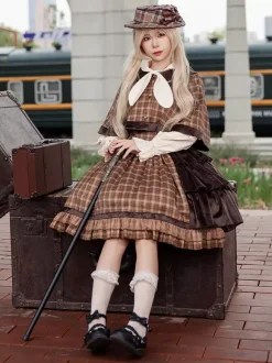 Classic Lolita Poncho Infanta Light Sky Blue Cotton Bows Plaid Fall Lolita Outwears