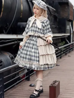 Classic Lolita Poncho Infanta Light Sky Blue Cotton Bows Plaid Fall Lolita Outwears