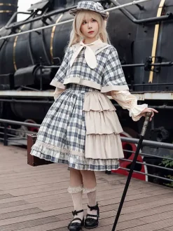 Classic Lolita Poncho Infanta Light Sky Blue Cotton Bows Plaid Fall Lolita Outwears
