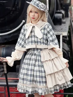 Classic Lolita Poncho Infanta Light Sky Blue Cotton Bows Plaid Fall Lolita Outwears