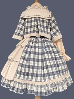 Classic Lolita Poncho Infanta Light Sky Blue Cotton Bows Plaid Fall Lolita Outwears