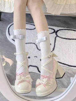 Classic Lolita Shoes Ecru White Bows PU Leather Flat Lolita Pumps