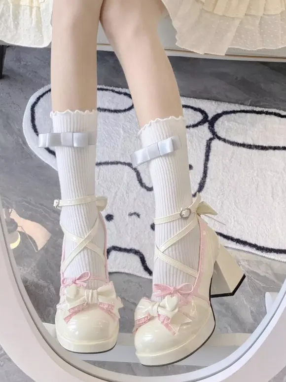 Classic Lolita Shoes Ecru White Bows PU Leather Flat Lolita Pumps
