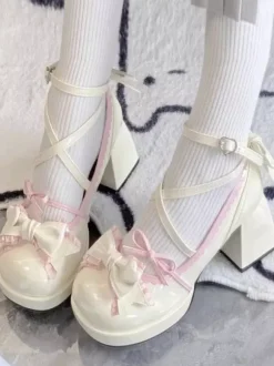 Classic Lolita Shoes Ecru White Bows PU Leather Flat Lolita Pumps