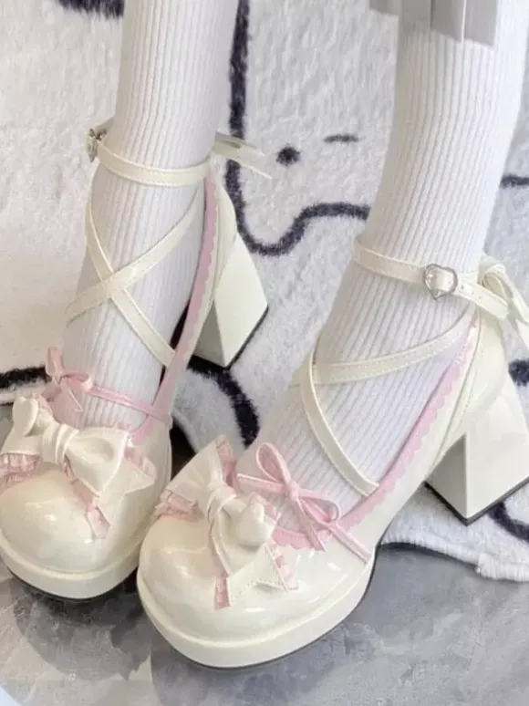 Classic Lolita Shoes Ecru White Bows PU Leather Flat Lolita Pumps