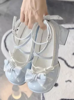 Classic Lolita Shoes Ecru White Bows PU Leather Flat Lolita Pumps