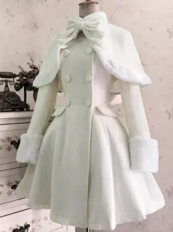 Classic Lolita Wool Coat Bow Double Breasted Furry Lolita Winter Overcoat
