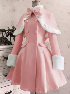 Classic Lolita Wool Coat Bow Double Breasted Furry Lolita Winter Overcoat