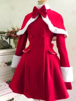 Classic Lolita Wool Coat Bow Double Breasted Furry Lolita Winter Overcoat