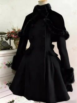 Classic Lolita Wool Coat Bow Double Breasted Furry Lolita Winter Overcoat