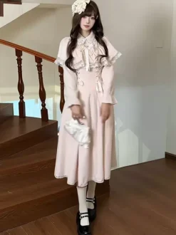Classic Pink Sweet Lolita Dress False Two-Layer Cape Long Sleeves Bows Sweet Lolita Dress
